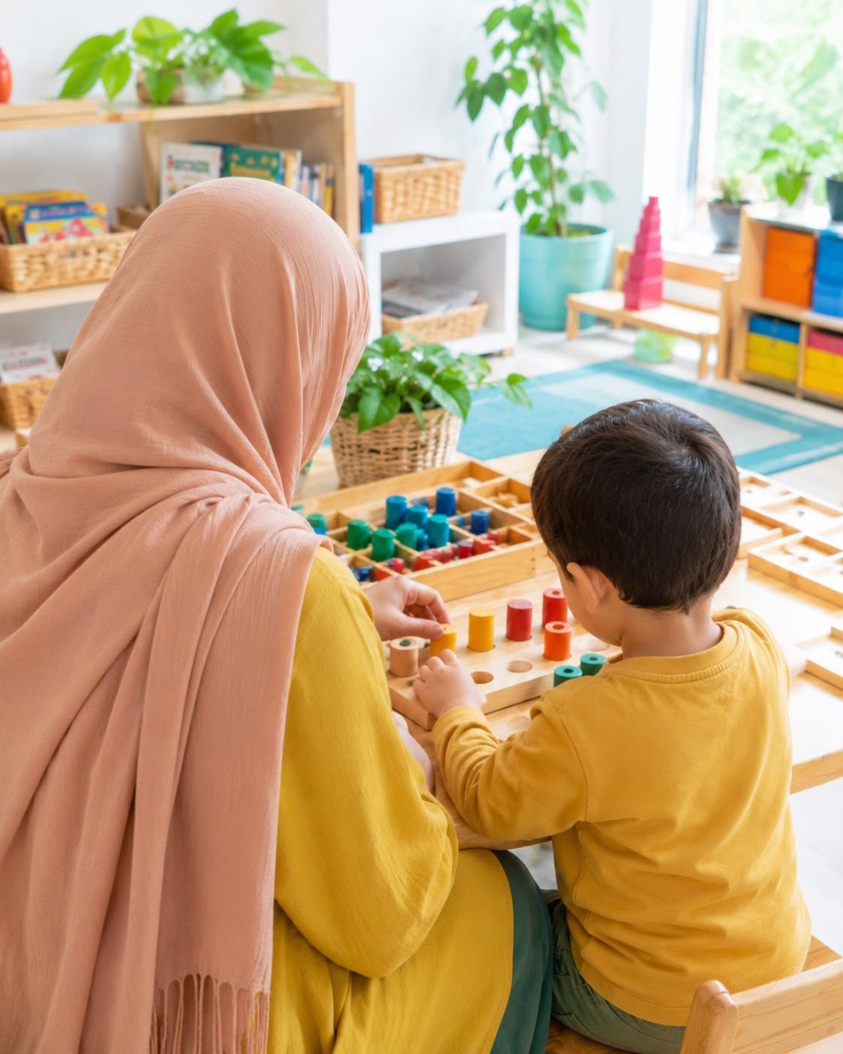 Une éducatrice accompagne un enfant avec du matériel Montessori au centre